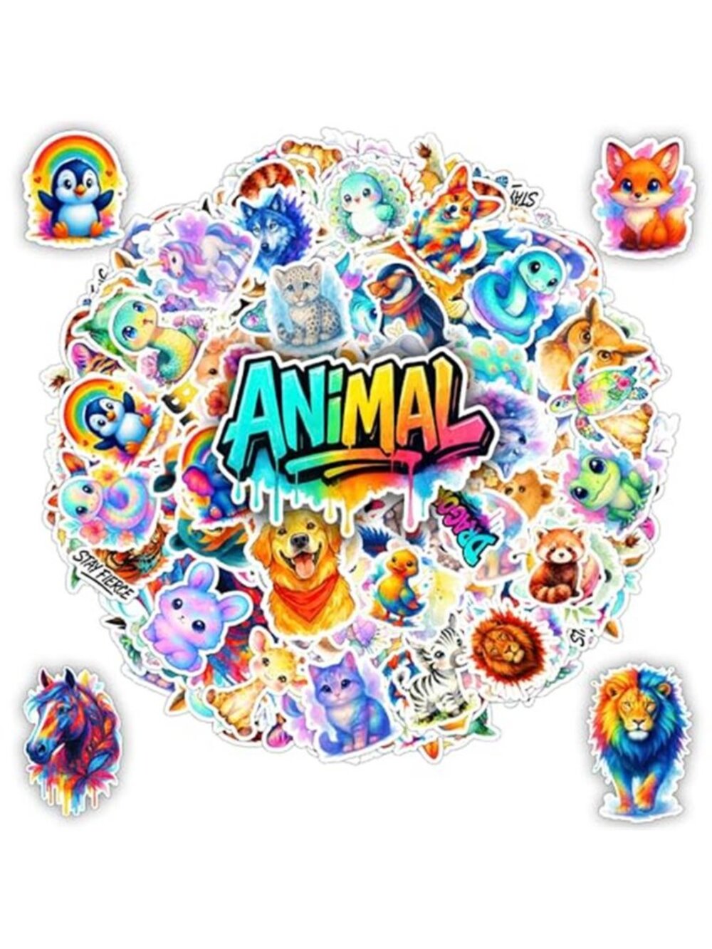 100 PCS Animals Stickers Pack Neon Rainbow Kawaii Watercolor Decor